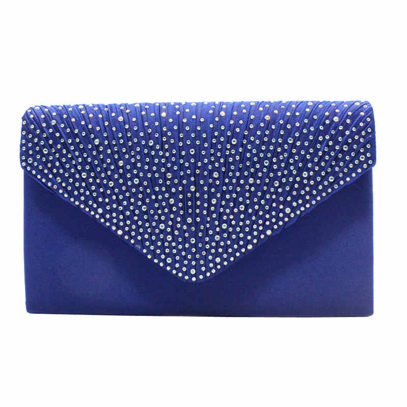 Ladies Frosted Satin Evening Clutch Rhinestones Crossbody Bag-RoyaBlue