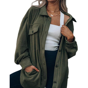 Lookbook Womens Fleece Long Sleeved Shirt Casual Boyfriend Blouse Top-Military Green