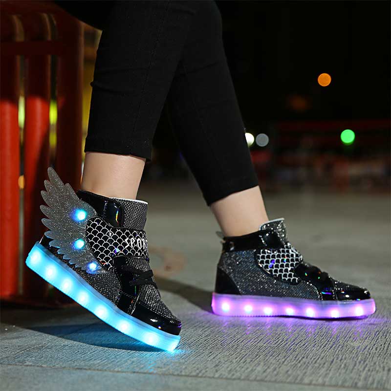 Kids Light up Shoes LED High Top Wings Sneakers-Black