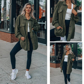 Lookbook Womens Fleece Long Sleeved Shirt Casual Boyfriend Blouse Top-Military Green