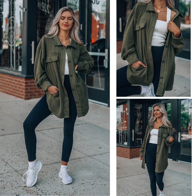 Lookbook Womens Fleece Long Sleeved Shirt Casual Boyfriend Blouse Top-Military Green