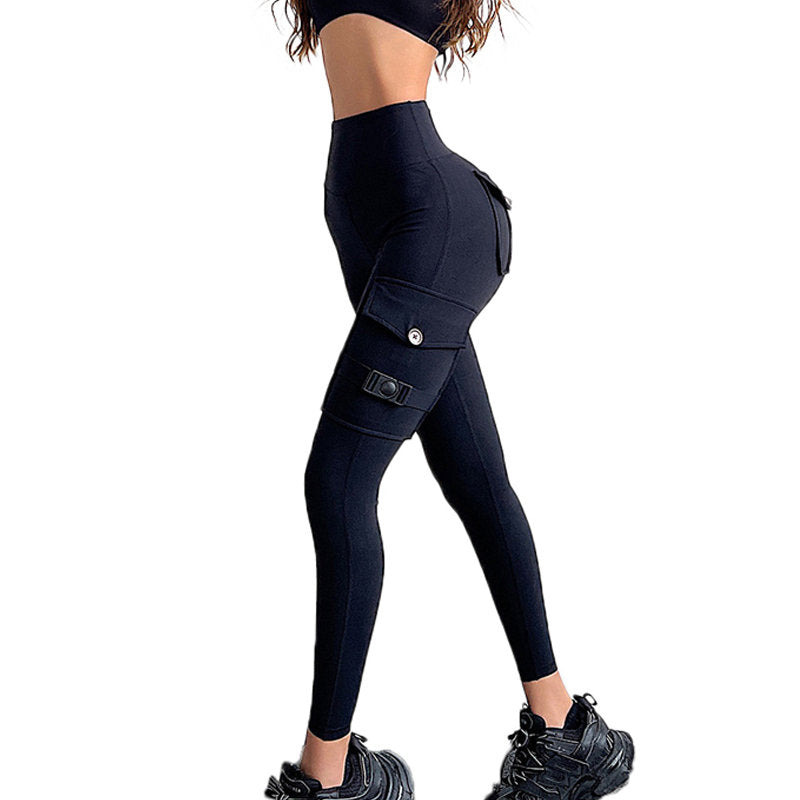 Womens Cargo Leggings with Flap Pockets Non See Through for Workout-Black