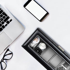 6 Slot Leather Watch Box Display Case Organizer Glass Jewelry Storage Black