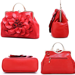 Womens Rose Flower Evening Clutches Formal Party Totes Shoulder Bag-Red