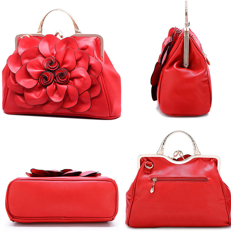 Womens Rose Flower Evening Clutches Formal Party Totes Shoulder Bag-Red