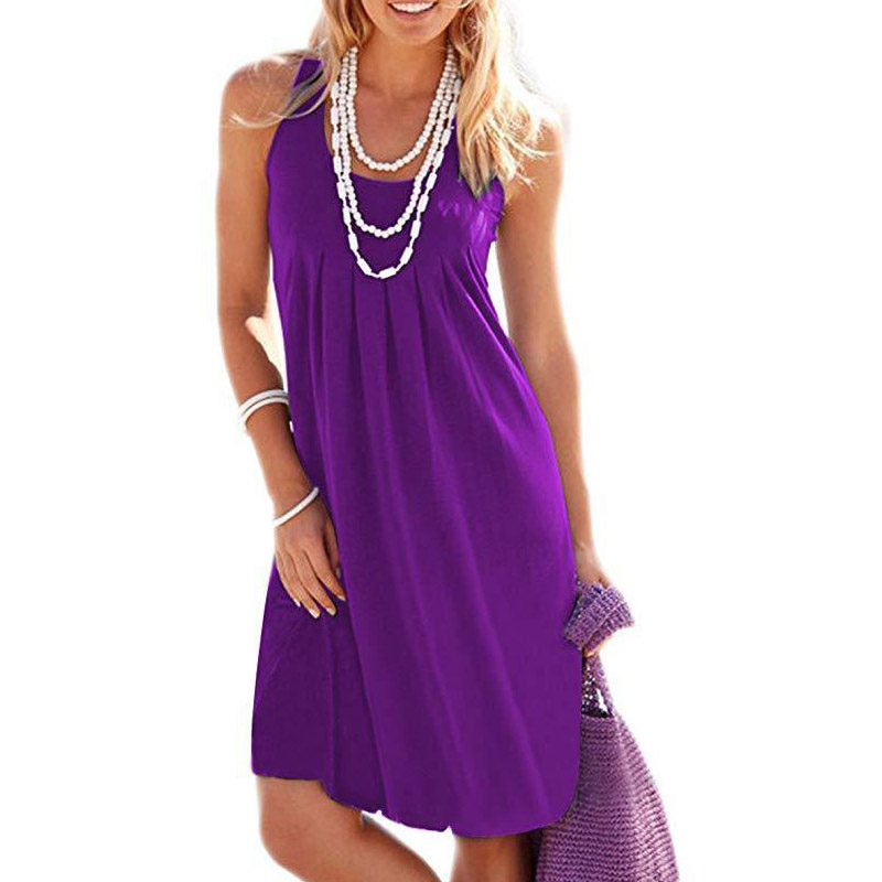 Summer Beach Tank Dresses Sleeveless Tunic Long Dress-Purple