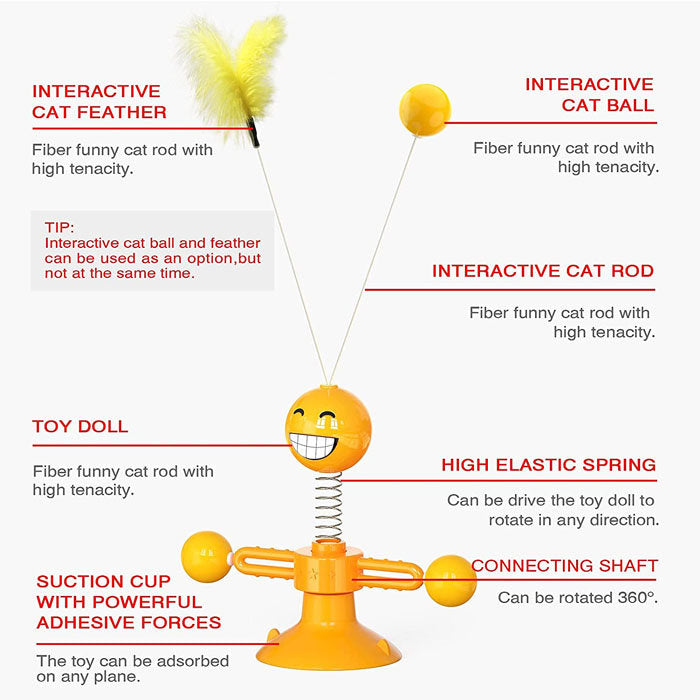 Springs Interactive Cat Toy with Feather Stick Suction Cup-Orange