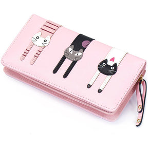 Womens Cute Cat Wallet Bifold Long Coin Purse with Zipper-Pink