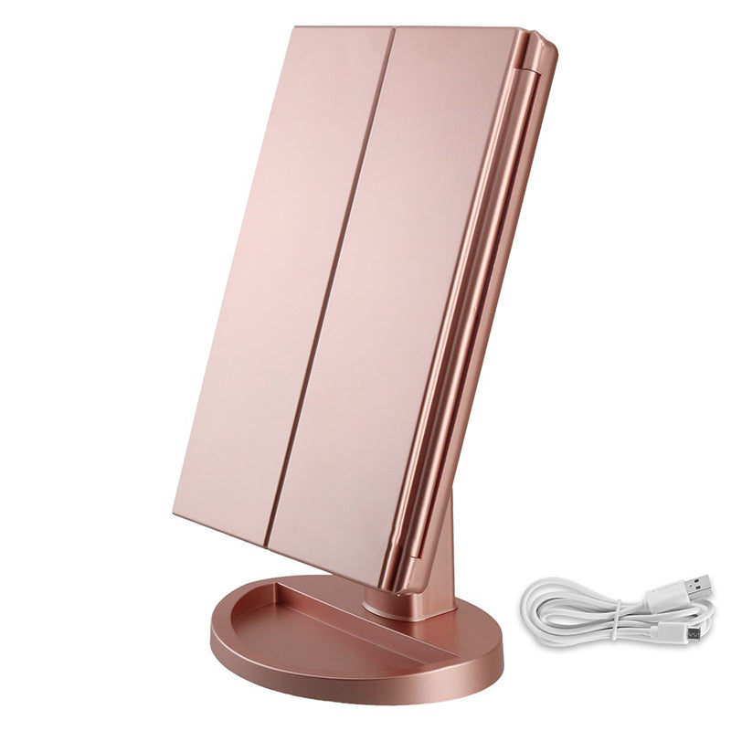 Tri-Fold Lighted Vanity Mirror with 22 LED Lights 3X/2X/1X Magnification Make Up Mirror-Rosegold