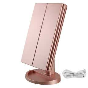 Tri-Fold Lighted Vanity Mirror with 22 LED Lights 3X/2X/10X Magnification Make Up Mirror-Rosegold