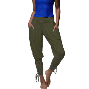 Womens Solid Color High Waist Lace Up Pants Fitness Loose Pants with Pockets-ArmyGreen