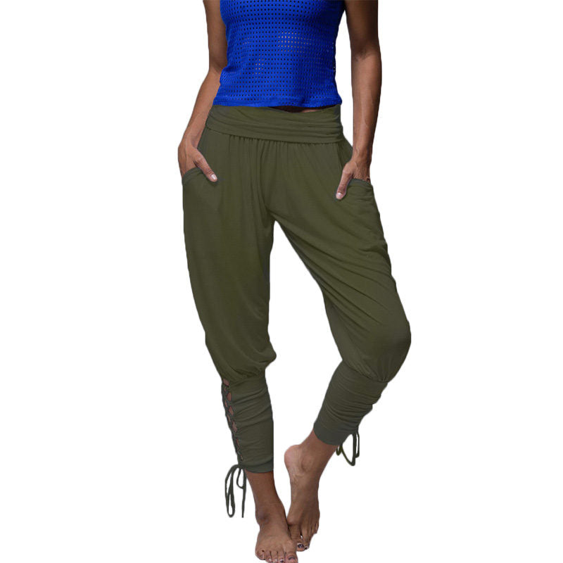 Womens Solid Color High Waist Lace Up Pants Fitness Loose Pants with Pockets-ArmyGreen