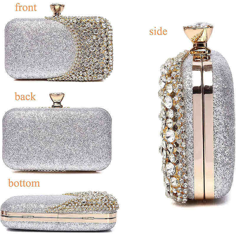 Womens Crystal Evening Clutch Bag Wedding Purse Party Bag-Silver