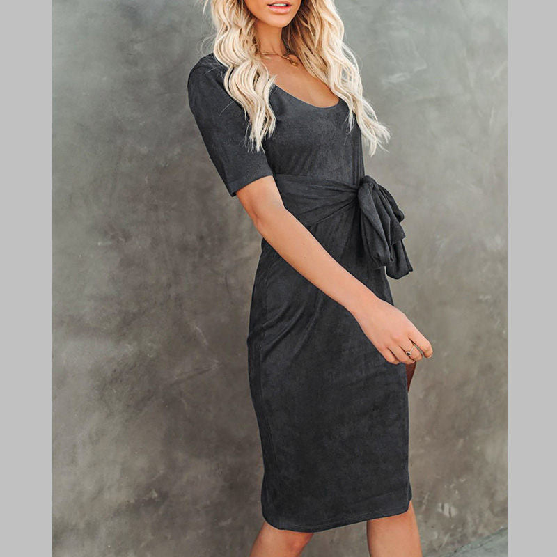 Womens Elastic Cocktail Party Elegant Dress Body Dress With Belt-DarkGray