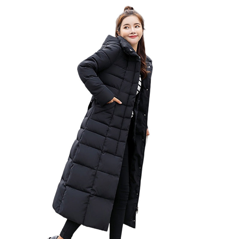 Women Warm Down Jacket with Hood Fur Long Puffer Coat-Black