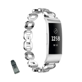 DH Stainless Steel White Diamond+Blue Diamond Watch Band Adjustable Replacement Wristband For Fitbit Charge 2/3 For Women-Silver