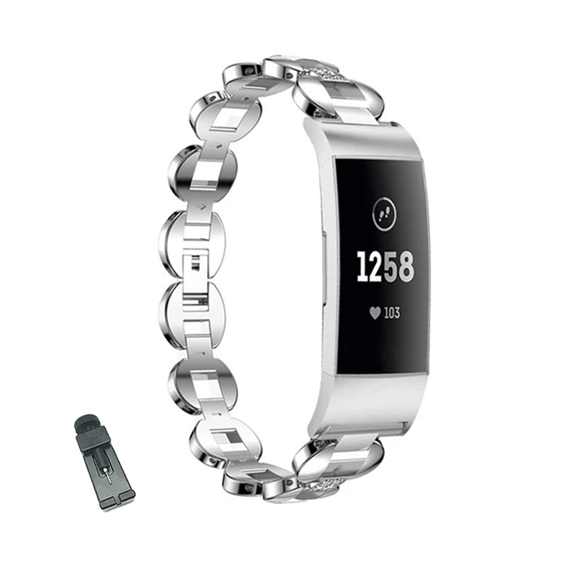 DH Stainless Steel White Diamond+Blue Diamond Watch Band Adjustable Replacement Wristband For Fitbit Charge 2/3 For Women-Silver