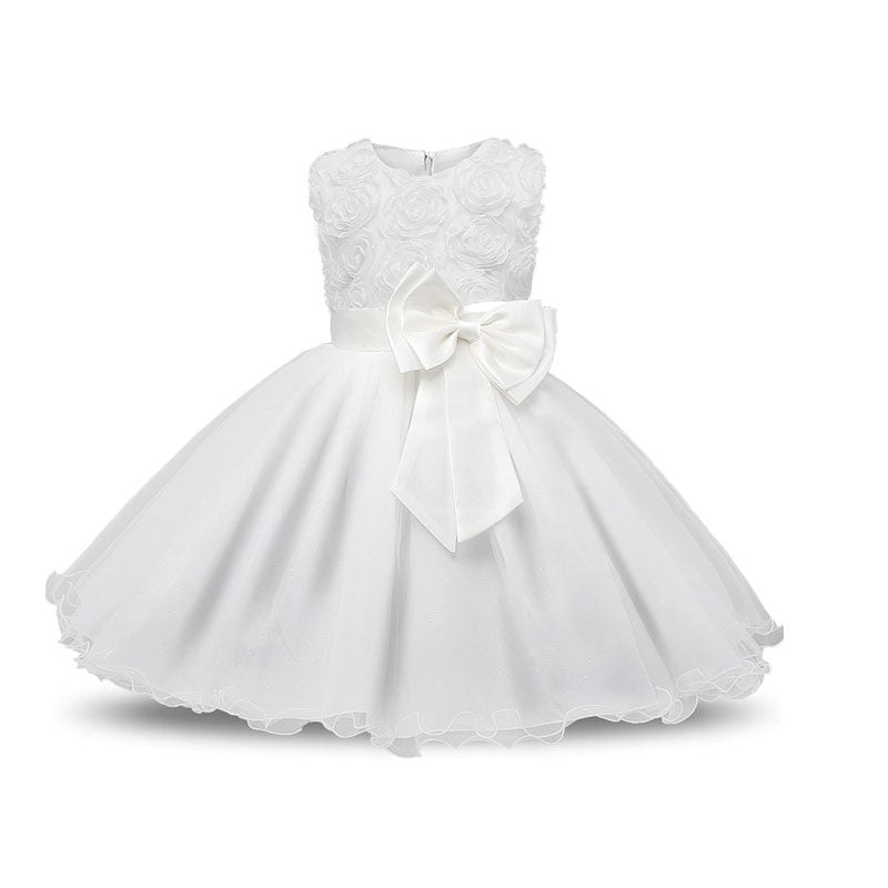 Girl Sleeveless Lace 3D Flower Tutu Holiday Princess Wedding Dresses-White