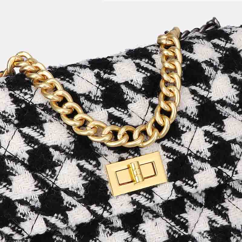 PU Leather Houndstooth Ladies Shoulder Bag Fashion Woolen Cloth Crossbody Bag-Apricot