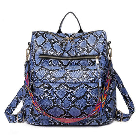 Fashion Backpack Multipurpose Print Leather Travel Shoulder Bag-Blue Snake Pattern