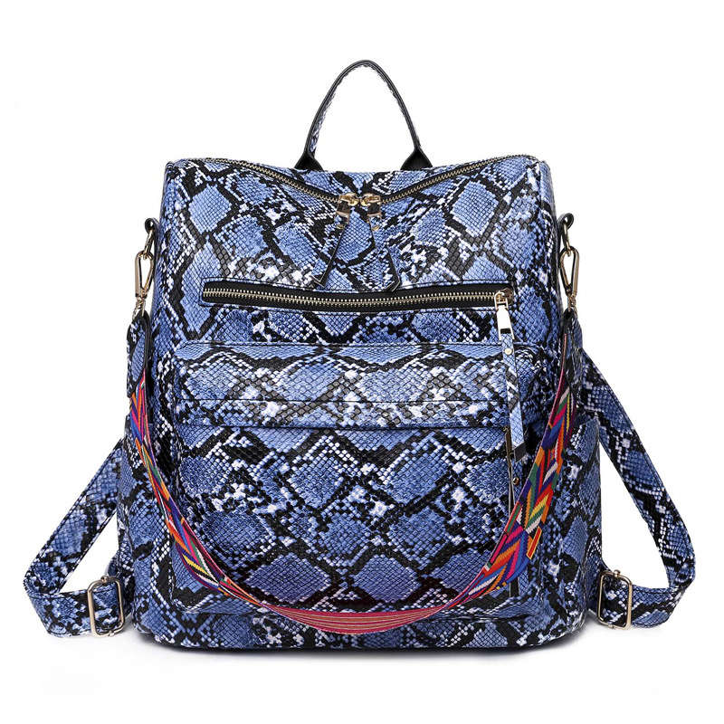 Fashion Backpack Multipurpose Print Leather Travel Shoulder Bag-Blue Snake Pattern