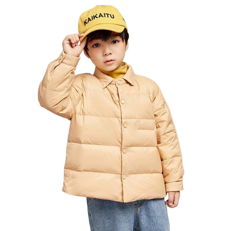 Childrens Winter Coats Shirt Collar Lightweight Puffer Jacket-Khaki