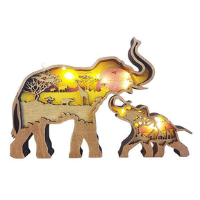 2Pcs Elephant Wooden Crafts 3D Animal Statue with Lights Home Decor