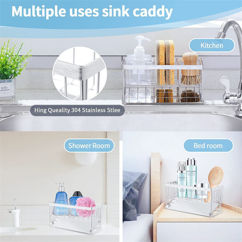 Sponge Holder with Auto Drain Tray Kitchen Sink Caddy Organizer