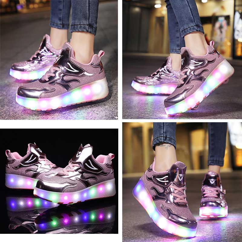 Kids LED Roller Skates Fashion Sneakers with Double Wheel-E67-Pink