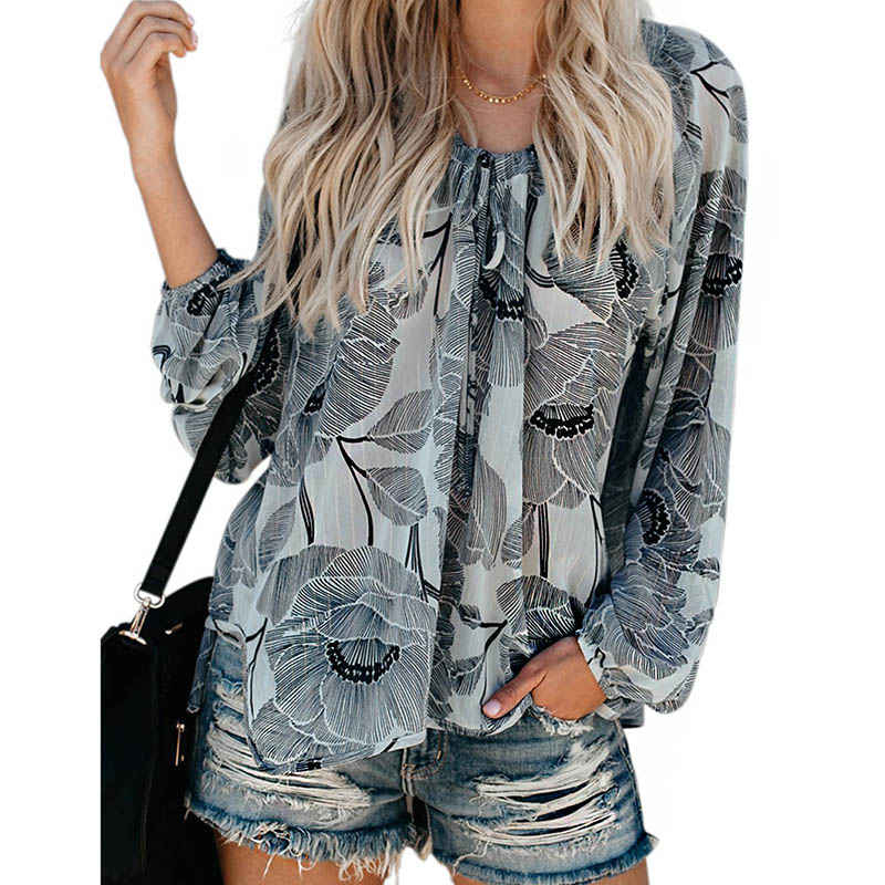 Womens V-neck Casual Boho Floral Print Long Sleeve Shirts-Gray1