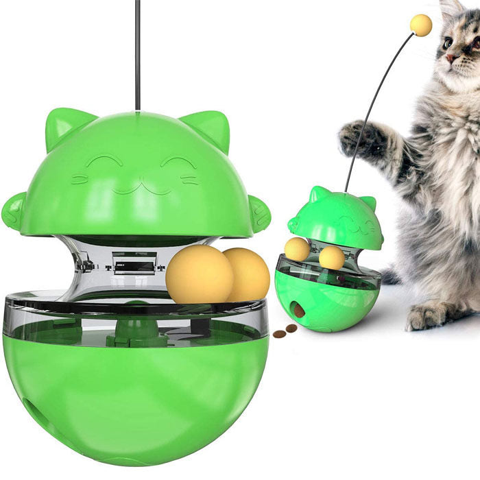 Tumbler Style Cat Food Dispenser Treat Toys with Dual Rolling Balls Detachable Wand-Green