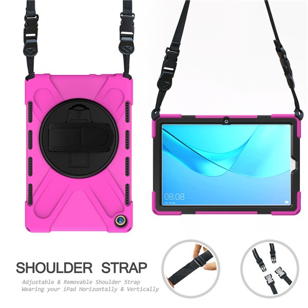 OnePiece Tablet Case Anti-fall Protective Cover Bulit-in Kickstand/Hand+Neck Strap For HuaWei MediaPad M5 10.8inch-Rose Red