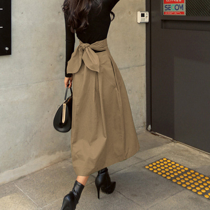 Womens Elegant High Waist Bowknot Skirt Back Tie Long Dress-Khaki