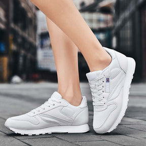 Couples Leather and Mesh Sneakers Lace up Lightweight Cushioned Sport Shoes-White
