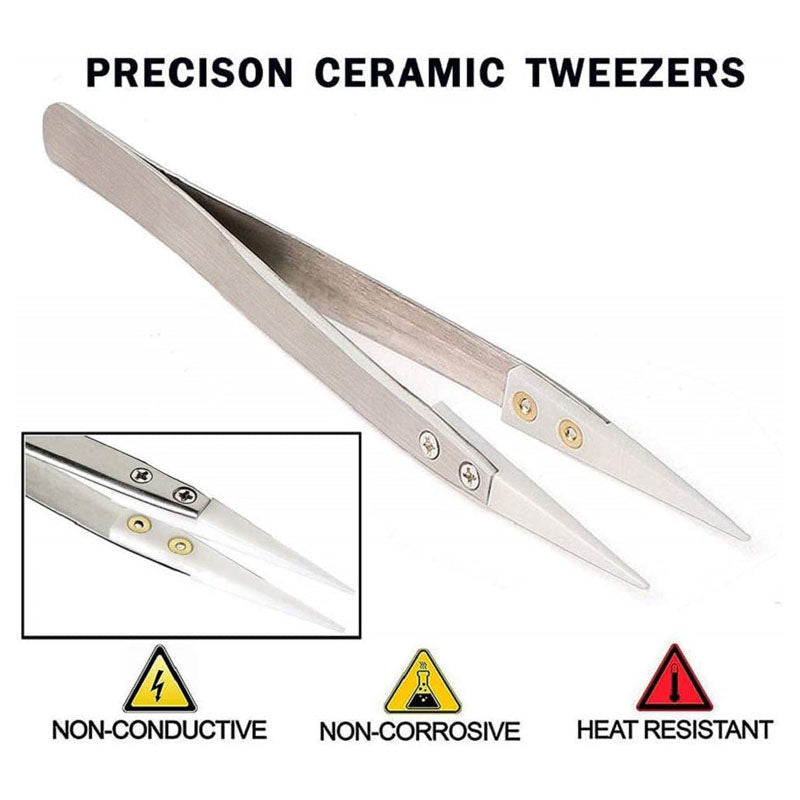 2 Pack Precision Ceramic tweezers Anti-Static Highly Heat Resistant Tweezers-Silver