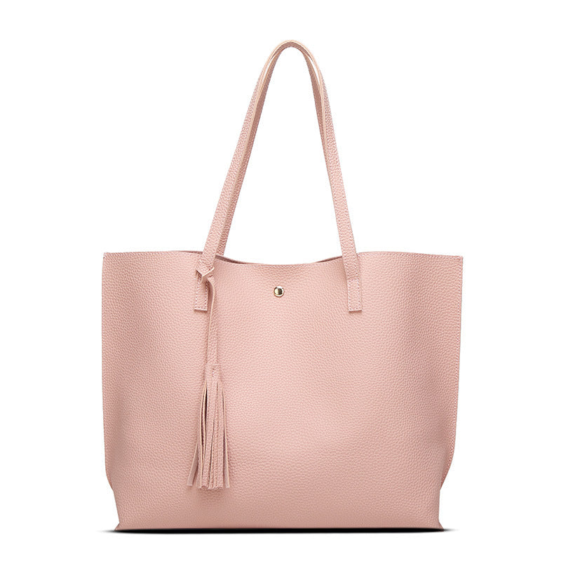 Womens Soft Leather Tote Shoulder Bag Big Capacity Tassel Handbag-Pink