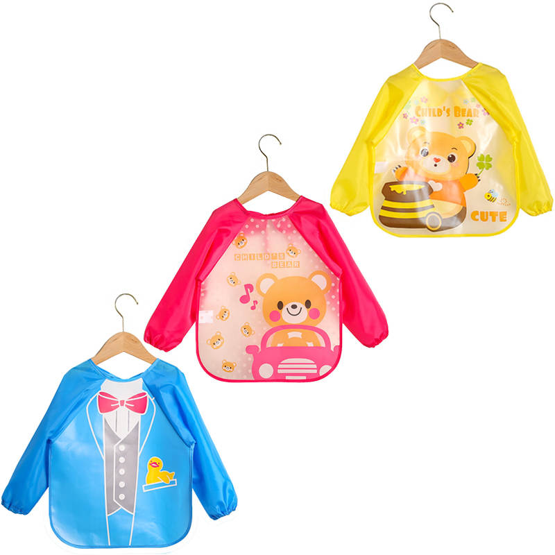 3 Pcs Baby Waterproof Cartoon Long Sleeve Bib Art Smock-B