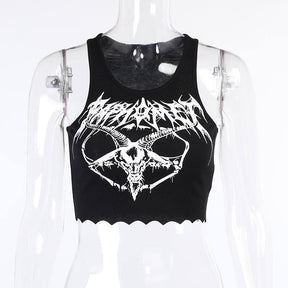 Womens Gothic Punk Crop Tank Skull Print Tunic Tube Tops-Black