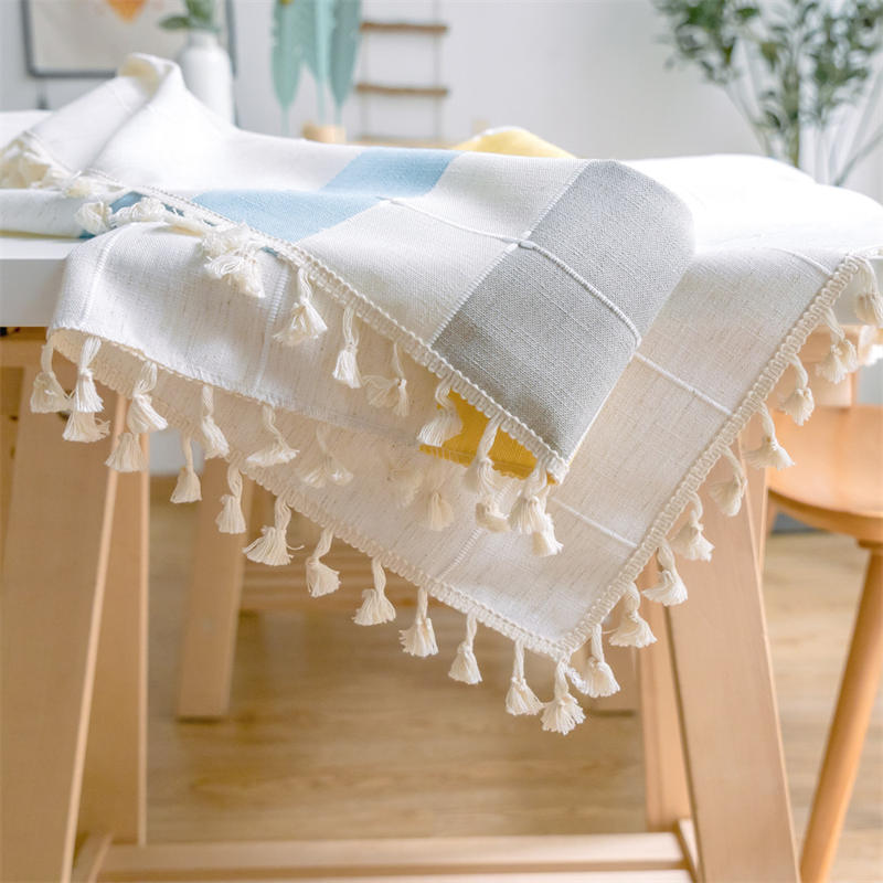 Embroidery Tassel Tablecloth Cotton Linen Dust-Proof Table Cover for Party Home Tabletop Decoration-BlueYellow