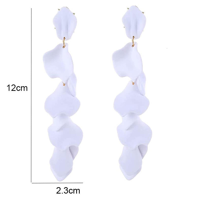 Long Drop Rose Petal Earrings for Women and Girls-White