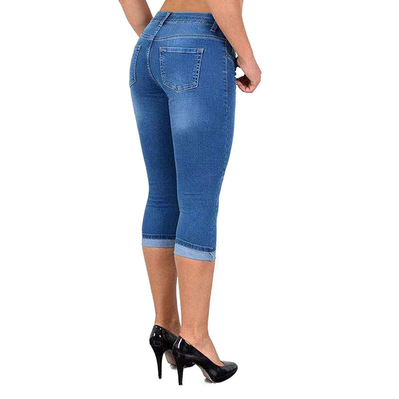 Womens Denim Capri Pants Skinny Slim Fit Casual Jeans-Light