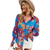 Printed Blouses for Women Button Down Long Sleeve Shirts Loose Fit Tops-Blue