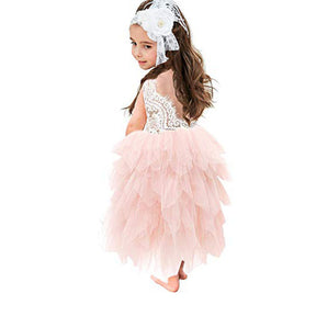 Little Girl Lace Flower Tutu Dress Backless Wedding Flower Girl Dress-Pink