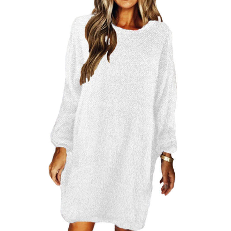 Solid Color Plush Long Sleeve Round Neck Loose Casual Dress-White