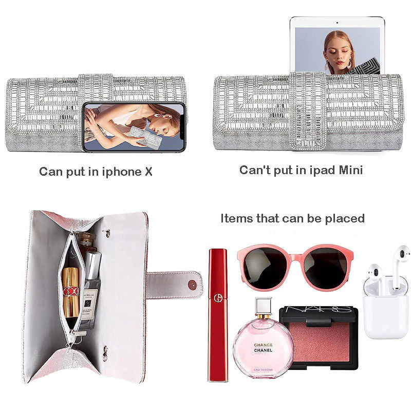 Womens Rhinestone Clutch Purses Evening Bags Sparkling Gliter with Chain-Silver