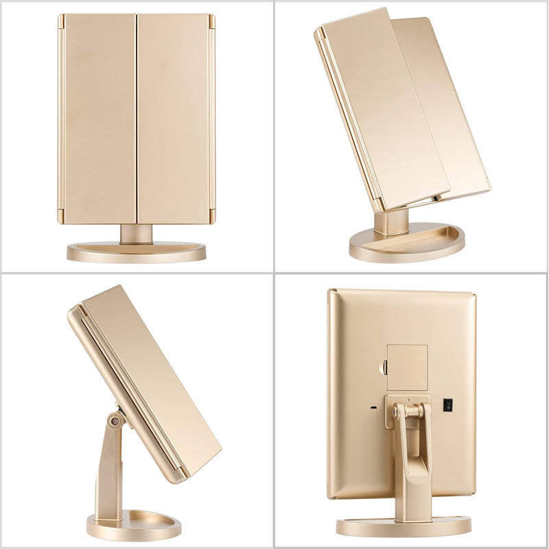 Home & LivingTri-Fold Lighted Vanity Mirror with 22 LED Lights 3X/2X/1X Magnification Make Up Mirror-Champange