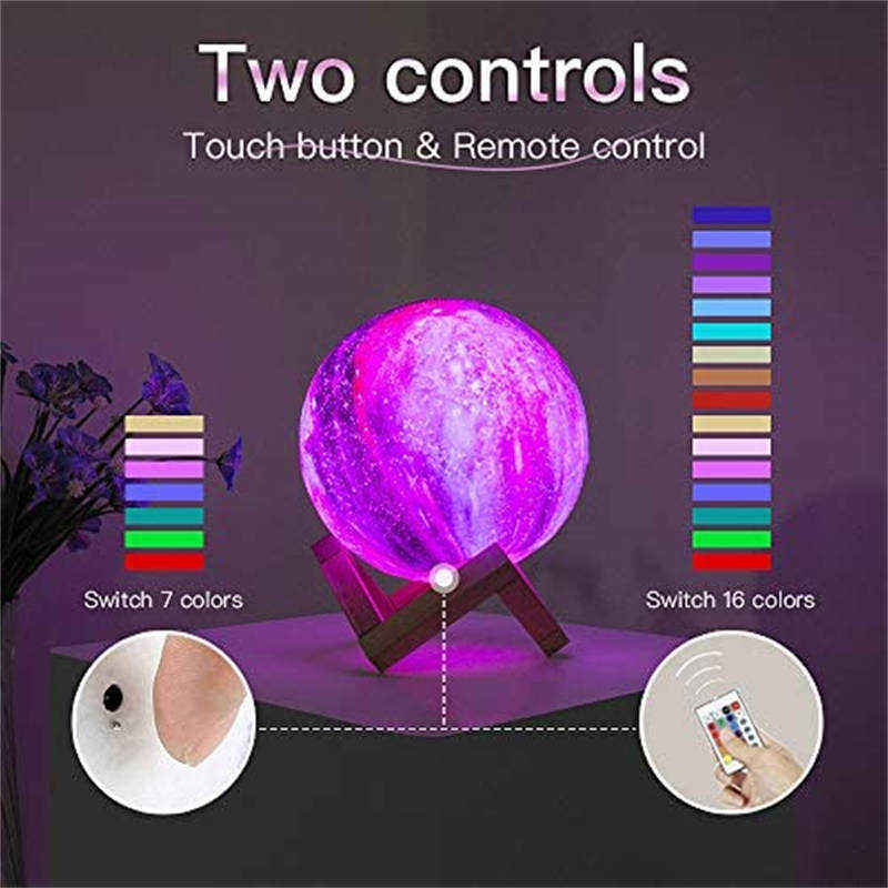 Kids Night Light Rechargable Galaxy Lamp 16 Colors LED 3D Star Moon Light with Wood Stand and Remote Control