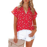 Womens V Neck Printed Shirts Lightweight Chiffon Blouse-Red