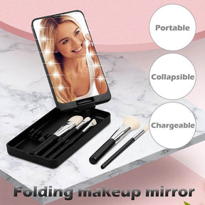 Folding Touch LED Makeup Mirror Lockable Jewelry Display Box Necklace Earing Storage Case 10X Magnifying Mirror Black