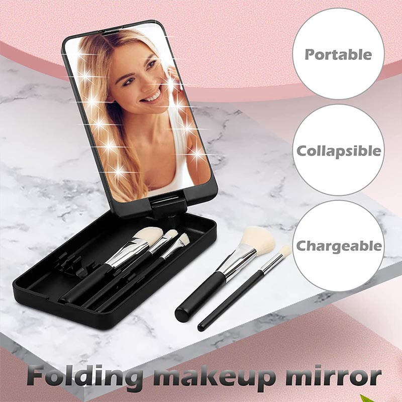 Folding Touch LED Makeup Mirror Lockable Jewelry Display Box Necklace Earing Storage Case 10X Magnifying Mirror Pink